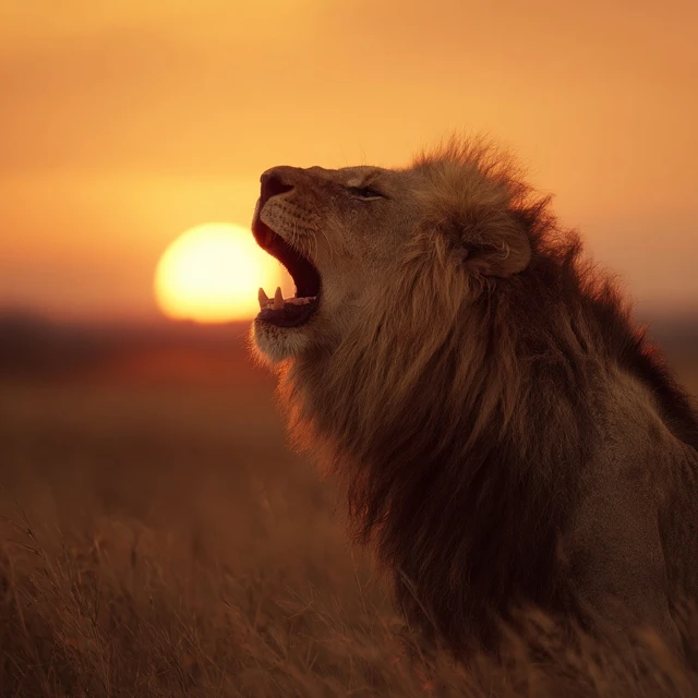 Majestic Lion Roaring at Sunset