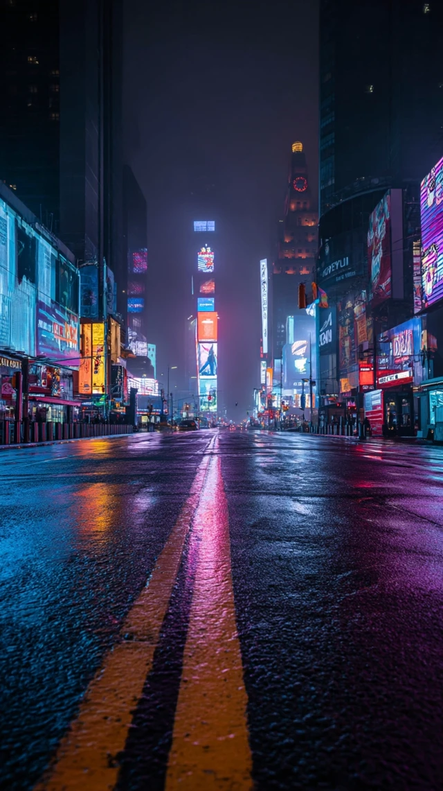 Empty Times Square at Night Neon Lights Reflections