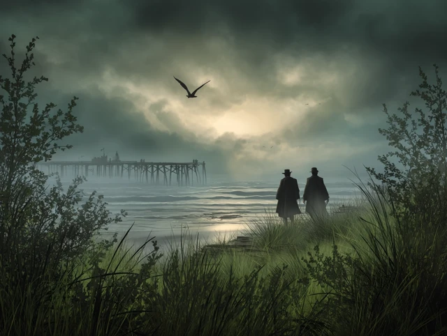 Melancholy Seaside Scene Dawn Storm and Silhouettes