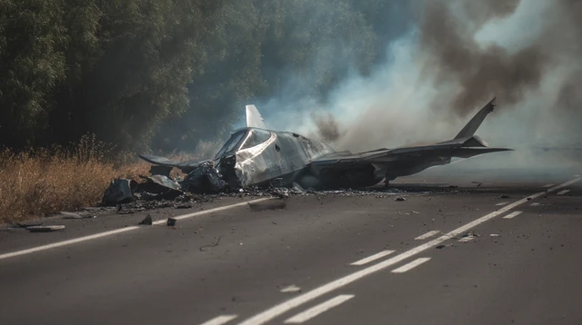Crashed SU57 Russian Military Jet Burning on Road