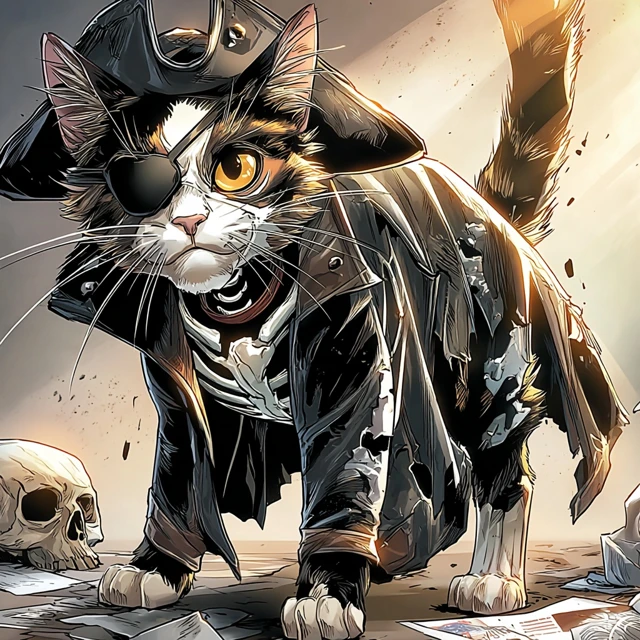Pirate Cat Half Skeletal with Captains Hat