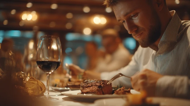Man Enjoying Steak Fine Dining on Cruise Ship