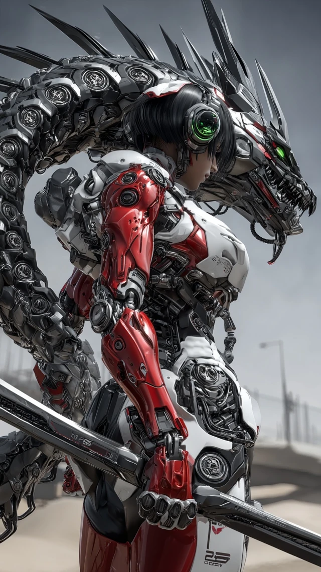 Cyberpunk Anime Cyborg Battle Ready With Dragon Sword
