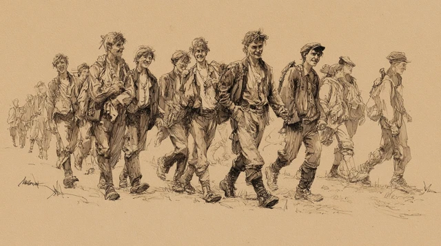 Vintage Sepia Ink Sketch: Young Soldiers Marching to War