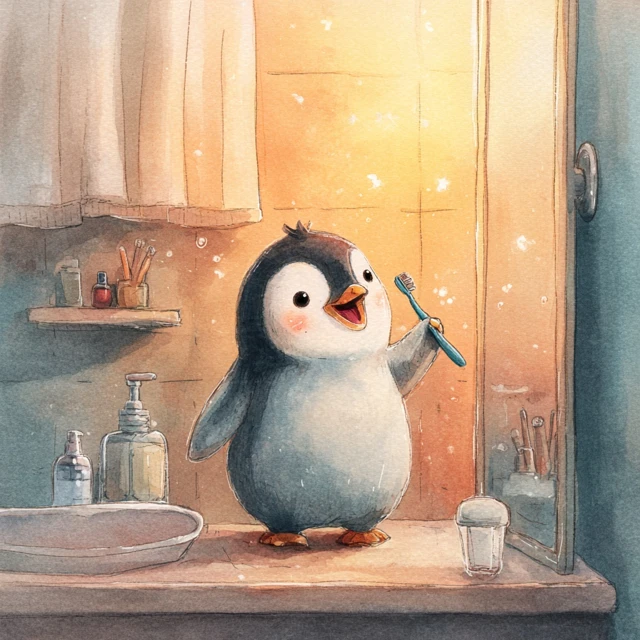 Cute Baby Penguin Brushing Teeth Illustration