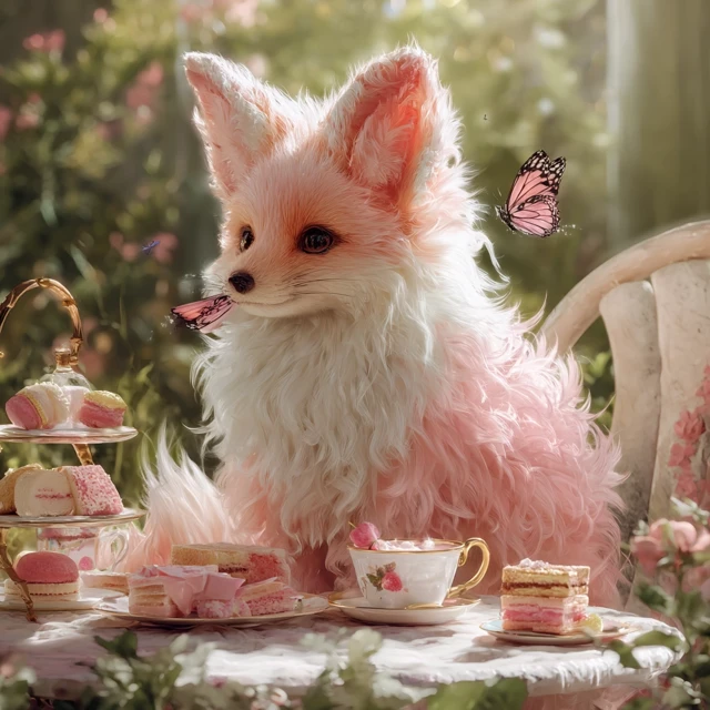 Cartoon Fox Tea Party in a Garden Pink and White