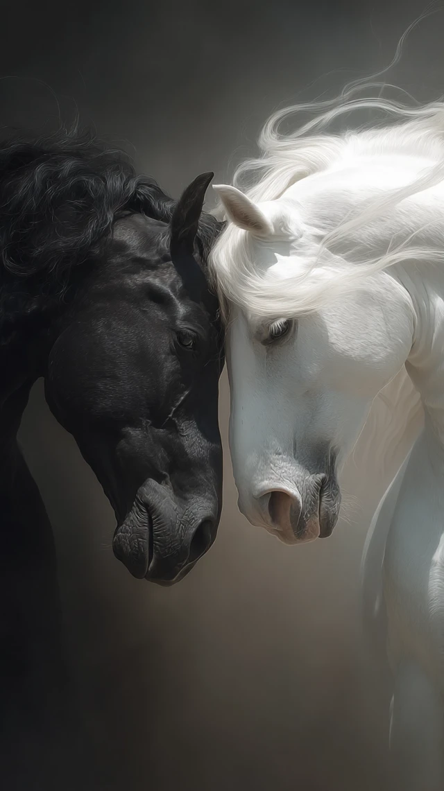 Black and White Horses Portrait: Detailed Art