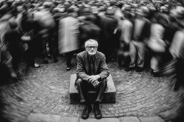 Old Man in Crowd Cinematic Black and White Photo