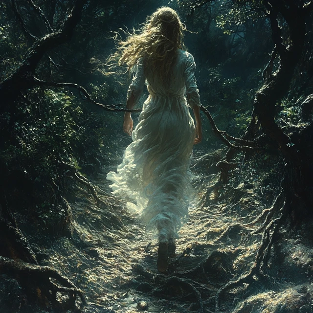Woman Running in Dark Forest
