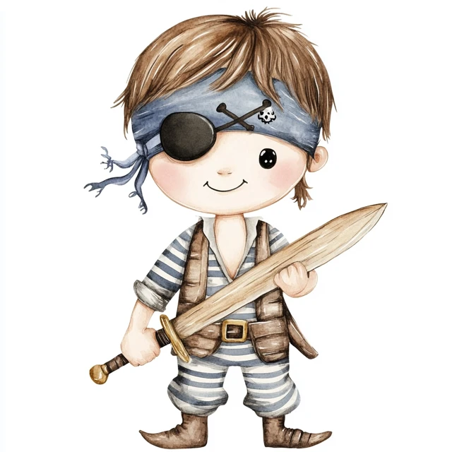 Cartoon Pirate Boy with Eyepatch and Wooden Sword