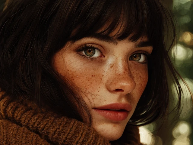 Beautiful Woman Portrait with Brown Hair and Freckles