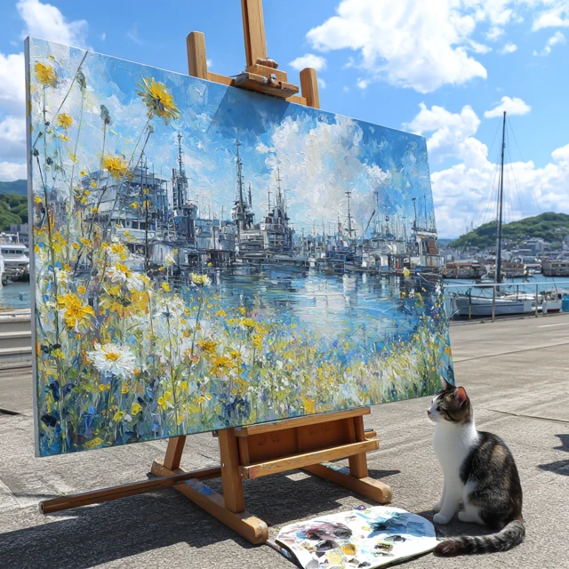 Oil Painting Cat at Beach with Yellow Flowers