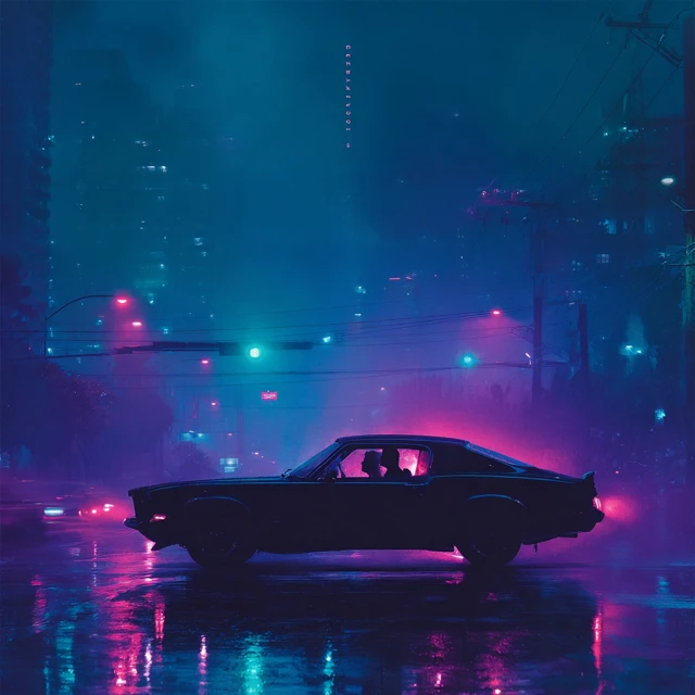 Urban Night Scene Car in Neon Houston Lights