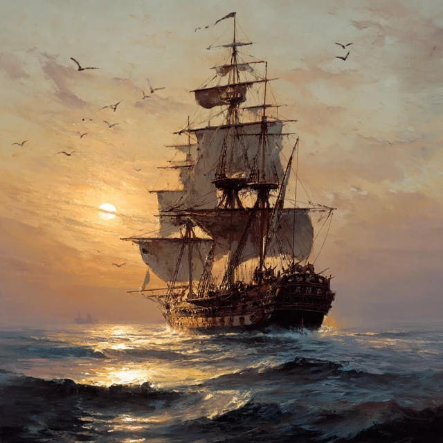 Spanish Ship Sailing at Sunrise Art Inspired by John Berkey