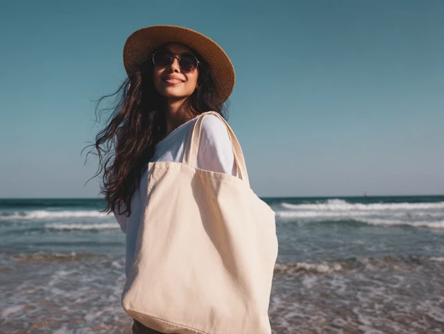 Tote Bag Mockup on Beach Woman with Ocean Background
