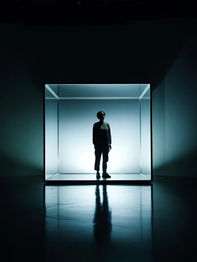 Futuristic Glass Cube Silhouette Art Installation