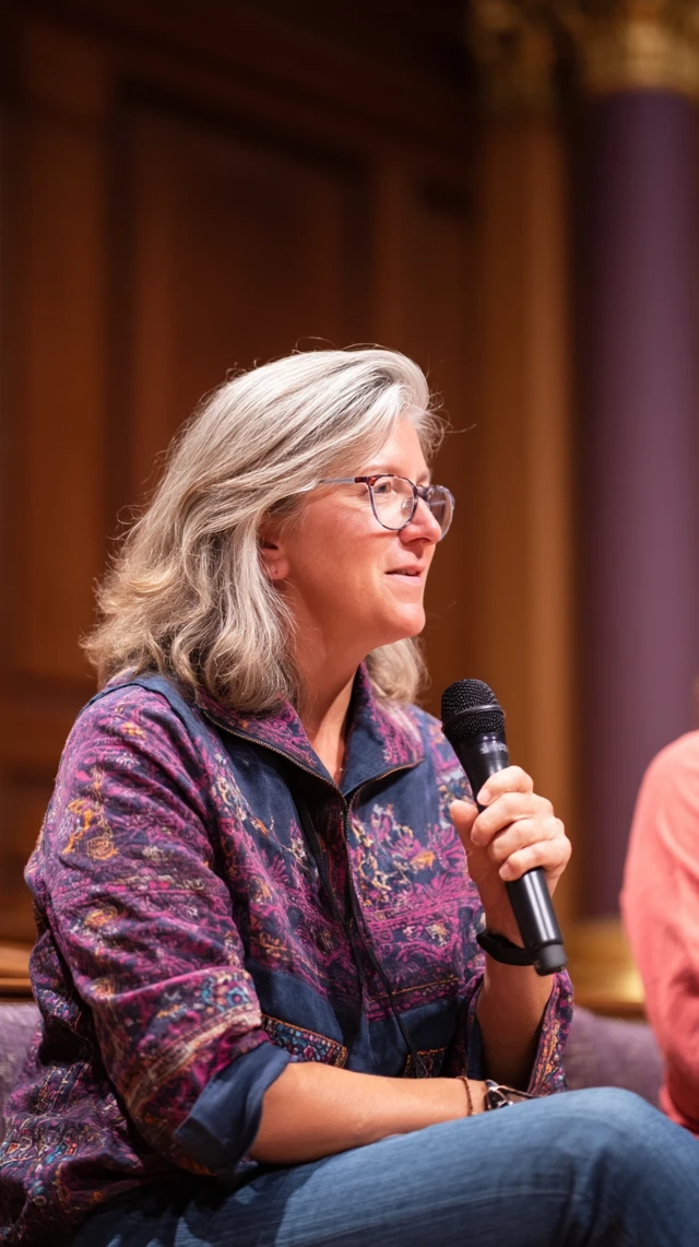 Woman on Stage Giving a Lecture Interview