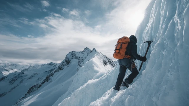 Adventurer Climbing Snowy Mountain at Sunrise