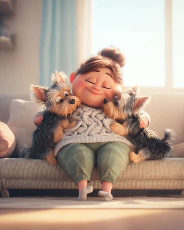 Cozy Pixar Scene Woman and Yorkshire Terriers