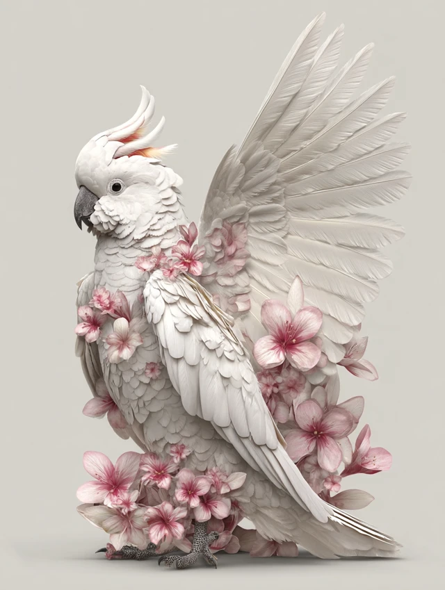 Hyper Realistic Cockatoo with Flowers Illustration