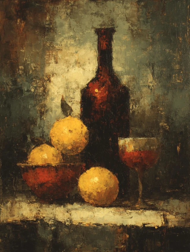Abstract Still Life Painting of Fruit and Bottles