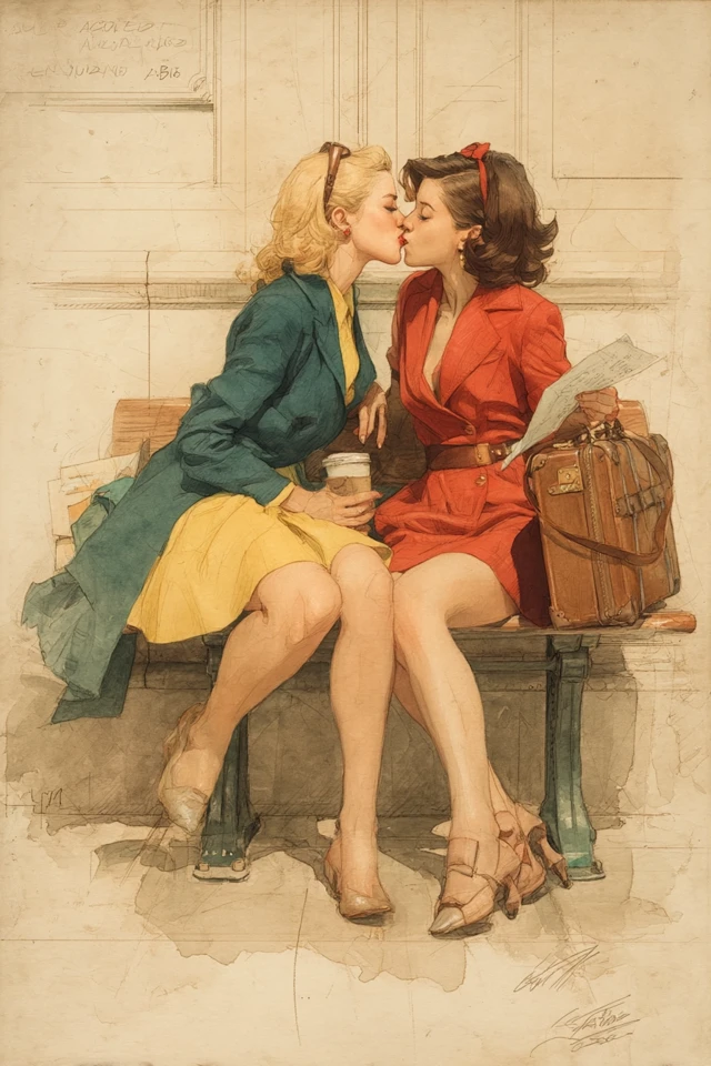 1940s Watercolor Art: Girlfriends in a Train Station