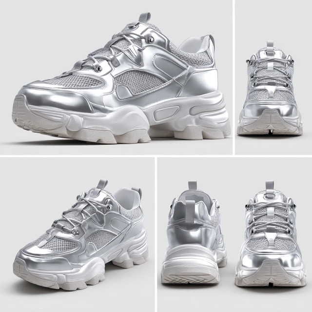 Metallic Silver Chunky Sneakers Product Showcase