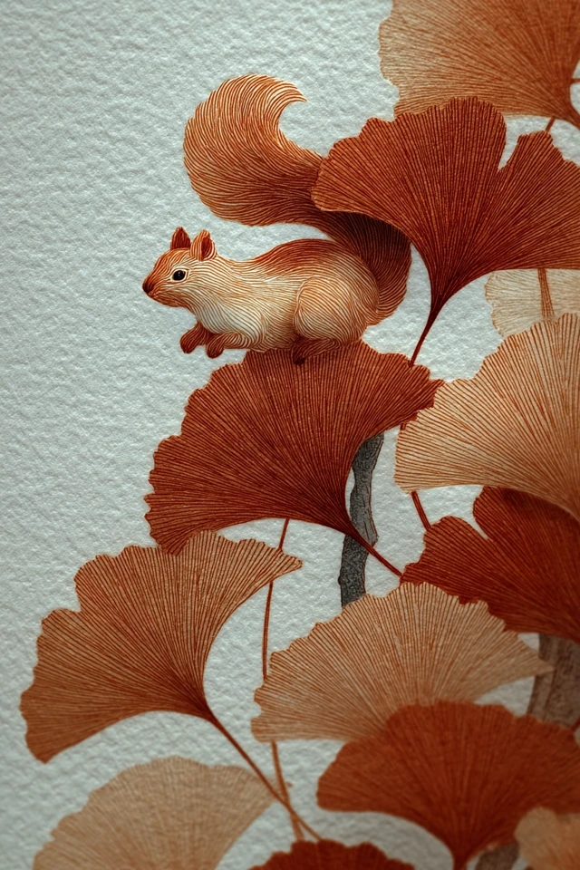 Chinese Painting: Squirrel in Ginkgo Leaves