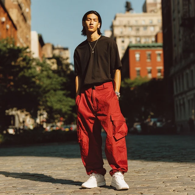 Street Style Fashion Male Model in Red Slacks