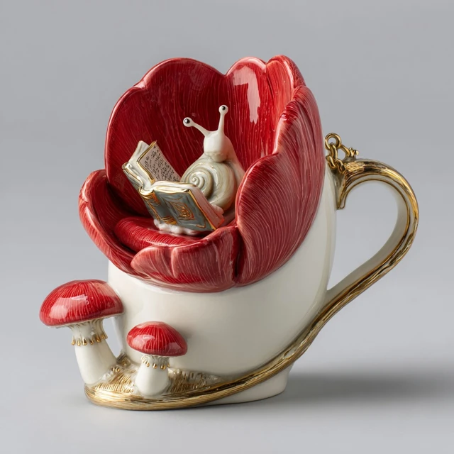 Whimsical Ceramic Mug with Snail Reading in a Tulip
