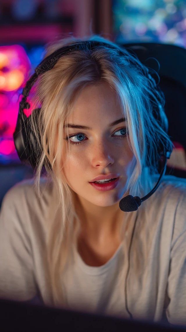 Blonde Female Streamer in Gaming Room