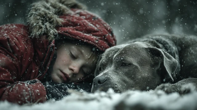 Boy and Dog in Snow Emotional Winter Scene
