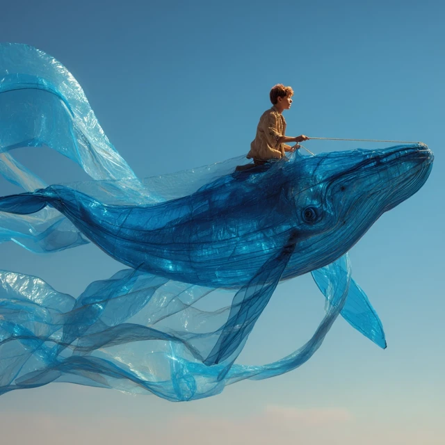 Boy Riding Plastic Whale Environmental Art