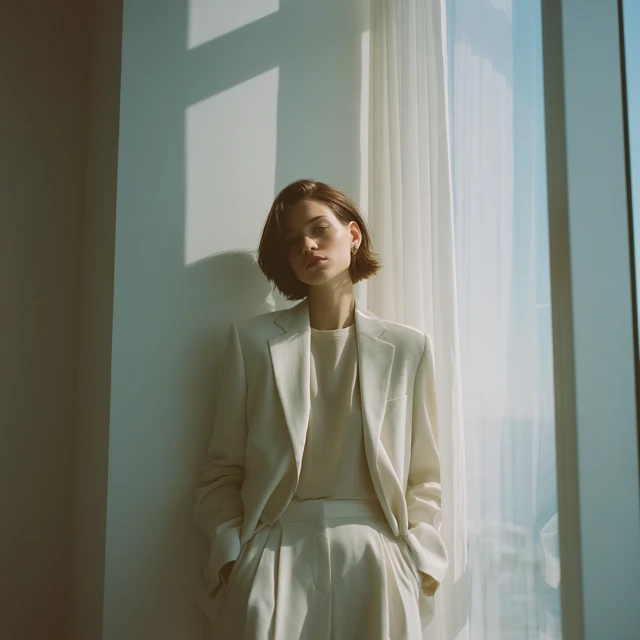 Fashion Editorial Cream Blazer Minimalist Apartment