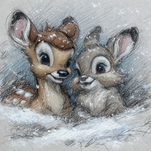 Bambi and Thumper in the Snow Pencil Sketch