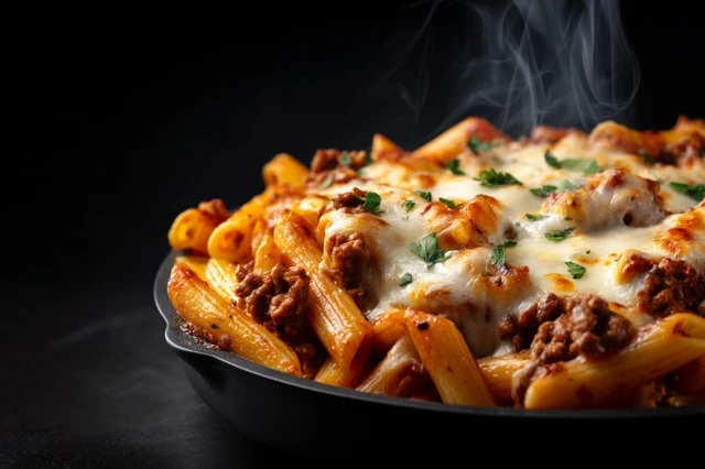 Delicious Pasta Bake CloseUp Black Background