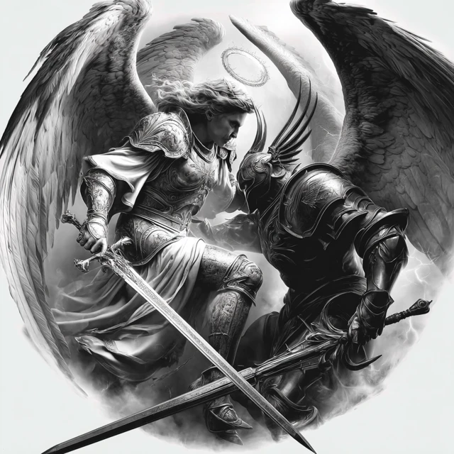 Lucifer vs Demon Battle Art Grayscale