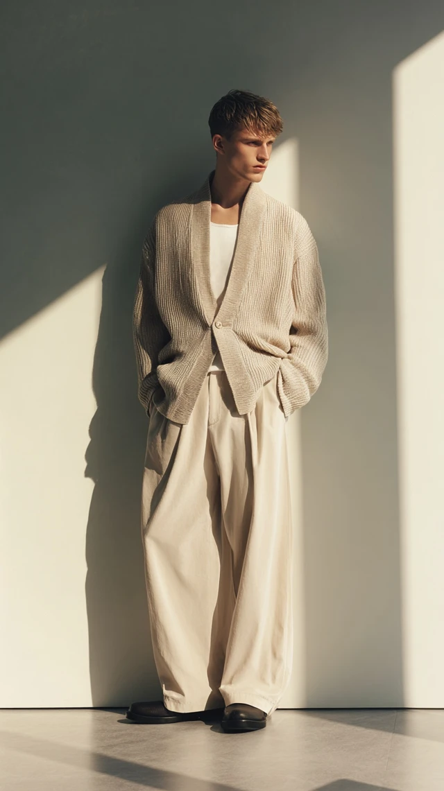 Male Model in Beige Cardigan Editorial Photography