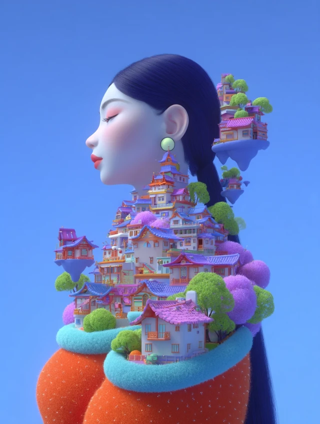 Dreamy Asian Woman Profile with Floating City