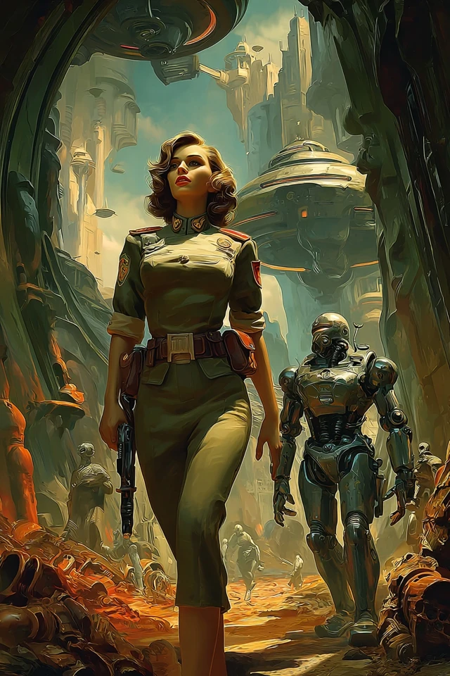 Retro SciFi Explorer and Robot in Alien Palace
