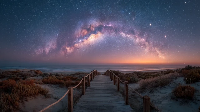 Boardwalk Under the Milky Way at Night