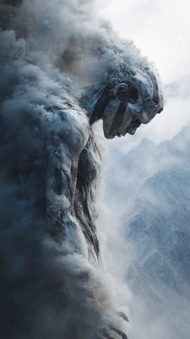 Marble Robot in Smoke Cinematic Hyperrealism