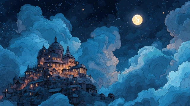 Floating Kingdom in the Clouds Cartoon Illustration