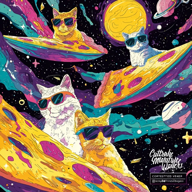 Cats Surfing Pizza in Space Fun Colorful Art
