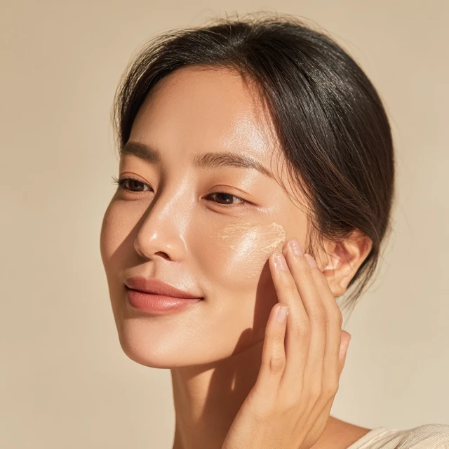 Korean Woman Applying Skincare Cream Fresh Clean Look