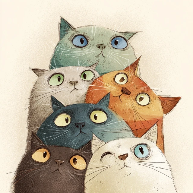 Cute Cats Illustration Colorful Eyes Stacked Up