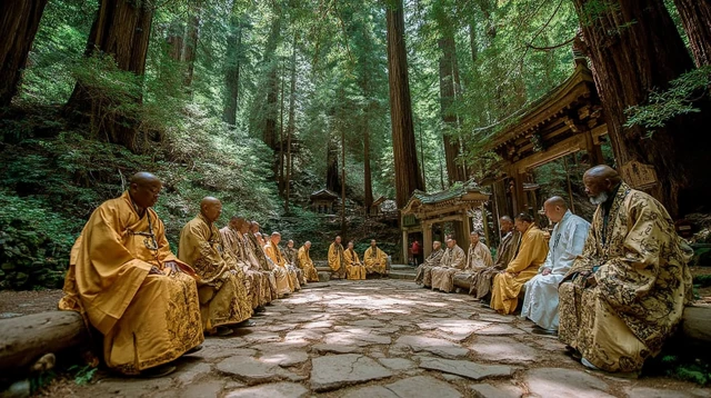 Serene Forest Scene: Monks in a Spiritual Gathering