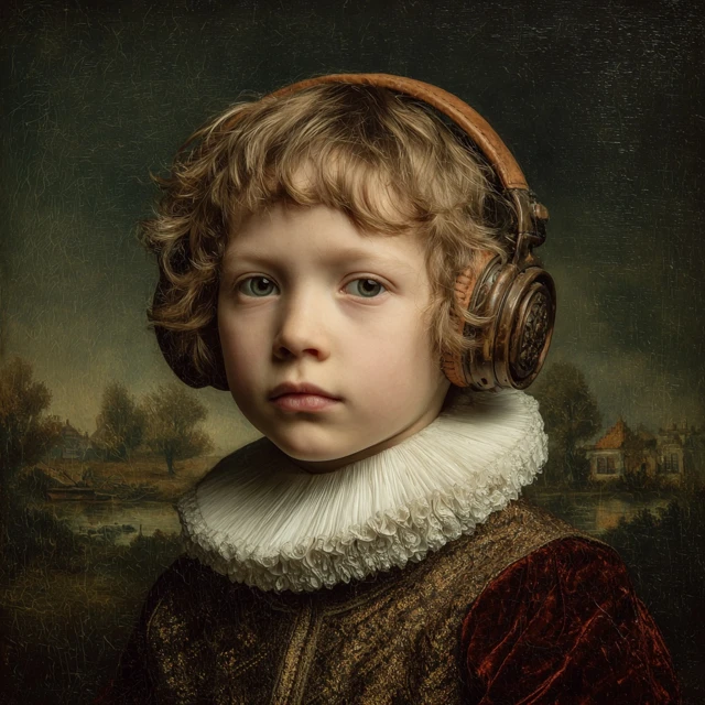 Child Portrait Dutch Painting with Headphones
