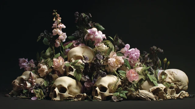 Skulls and Flowers Macabre Still Life