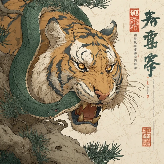 Japanese Tiger and Snake Art Illustration